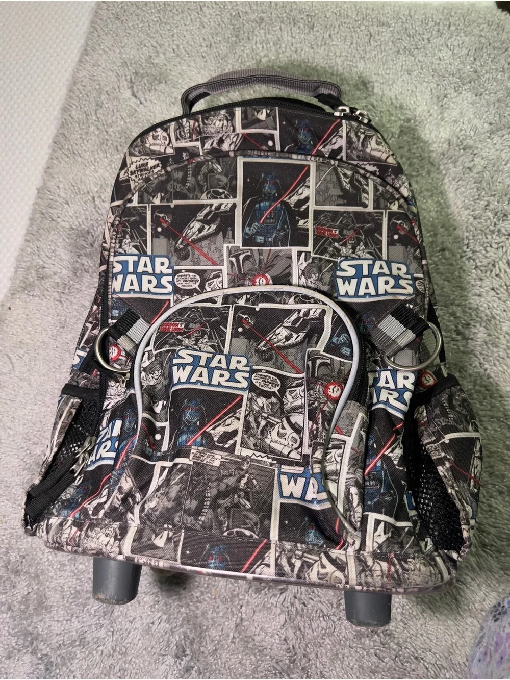 Pottery Barn Star Wars Black and Gray Comic Graphic Rolling Backpack 3 Pockets